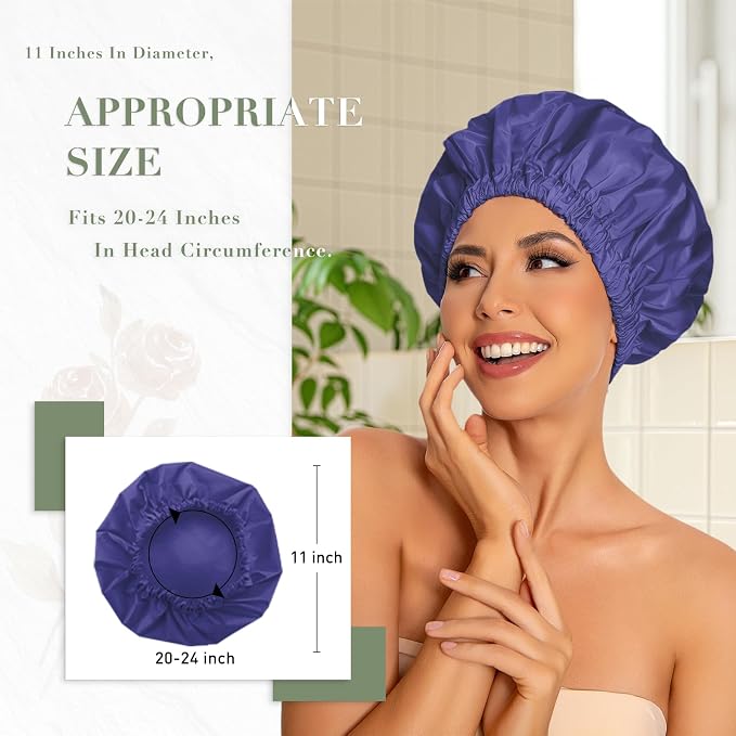 Reusable Shower Cap for Women, Large Waterproof Shower Bonnet with Elastic Band, Washable Bath Hair Cap for Long, Curly Hair, Braids, Daily Shower, Home Spa, Travel(Dark Blue Purple)
