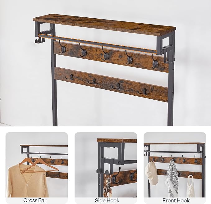HOOBRO Hall Tree with Bench, Entryway Coat Rack with Shoe Rack, 39.4" Shoe and Coat Rack, 5 Tier Shoe Storage Organizer with Oxford Fabric Side Pockets, Adjustable Mesh Shelves, Rustic Brown BF76MT01