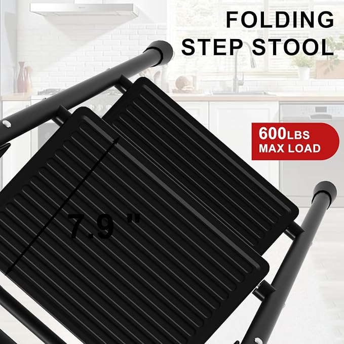 2 Step Ladder for Kitchen Step Stool, Lightweight Folding Step Stool with Curved Safety Handrail, Auto-Lock Mechanism & Non-Slip Wide Pedals, Slim 2 Step Ladder Foldable for Home Indoor（Black）