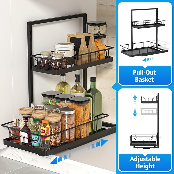 WOWBOX Under Sink Organizer 2 Pack, 2-Tier Cabinet Organizer for Kitchen, Bathroom, Slide Out Drawer Under Sink Organizers and Storage, Metal Organizing Rack for Pantry, Cabinet, Closet