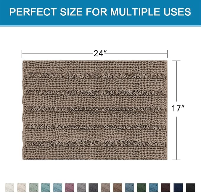 H.VERSAILTEX Bathroom Rugs Bath Rugs for Bathroom Non Slip Bath Mats Extra Thick Chenille Striped Rug 17" x 24" Absorbent Soft Shaggy Washable Dry Fast Bath Mats for Bath Room Floor - Taupe Brown