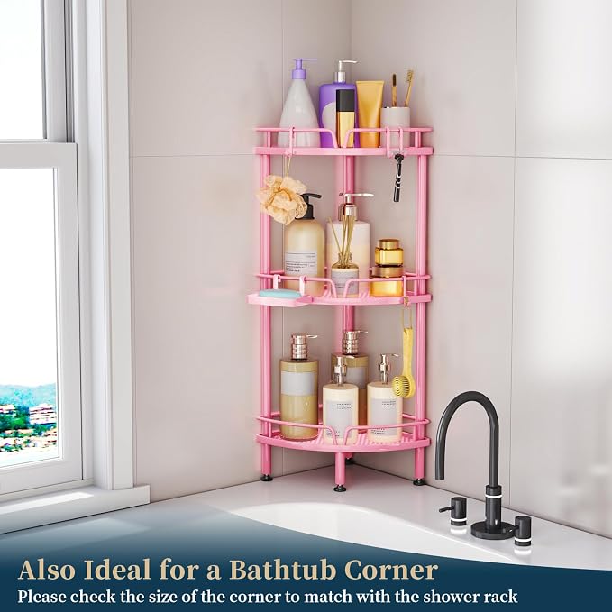 Consumest Corner Shower Caddy Stand - 3 Tier Shower Organizer with Soap Holder, Tall Floor Corner Shelf Standing with Adjustable Feet & 4 Hooks, Storage Rack for Bathroom Pink