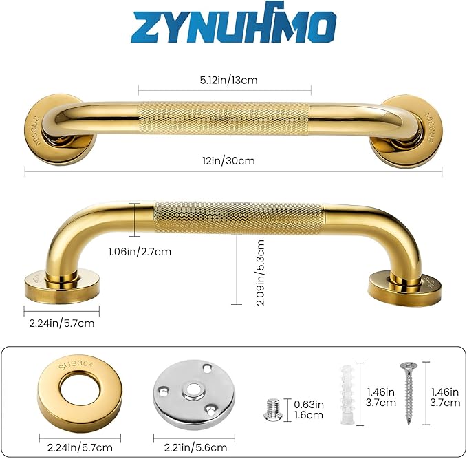 Grab Bars for Shower, Zynuhmo 2 Pack 12 Inch Anti Slip Stainless Steel Bathroom Safety Shower Grab Bar Handrails for Handicap Injury Pregnant Senior Assist Shower Handles(Titanium Gold, 1" Diameter)