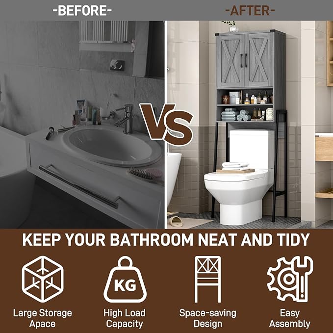 Vabches Over The Toilet Storage Cabinet, Farmhouse Over Toilet Storage Cabinet, Metal Frame with 2 Barn Doors, Home Space-Saving Toilet Rack for Bathroom, Toilet, Laundry Room.