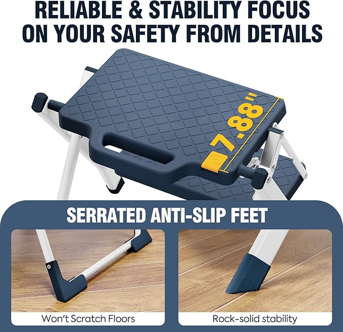 URACKIFY 2 Step Stool Foldable, Step Ladder with Non-Slip Rubber mat, Step Stool with Release Button, Lightweight Steel, Blue, for up to 330LBS.