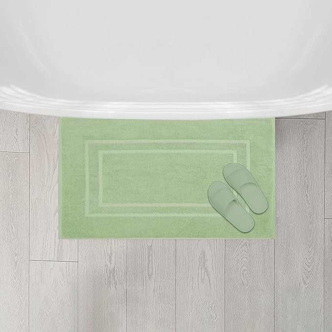 Feather & Stitch 2 Piece Towel Like Bath Mats (30x21 Inch) 100% Cotton Terry Bath Mats, Bathroom Shower Floor Mats [NOT A Bathroom Rug], Soft Absorbent Washable Mats - Pastel Green