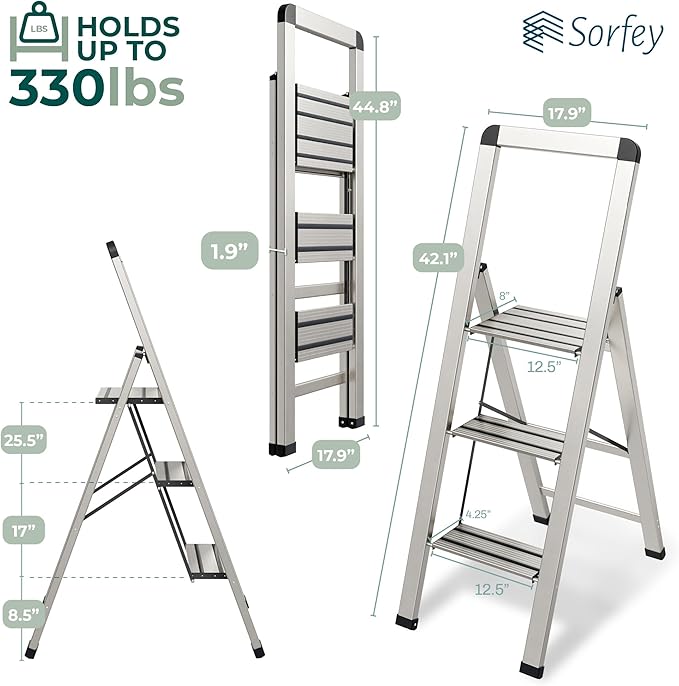 Step Ladder 3 Step Folding, Decorative - Modern Beautiful Silver Aluminum,Lock Mechanism, Ultra Slim Profile, Anti Slip Steps, Sturdy-Portable for Home, Office, Kitchen, Photography Use,by SORFEY