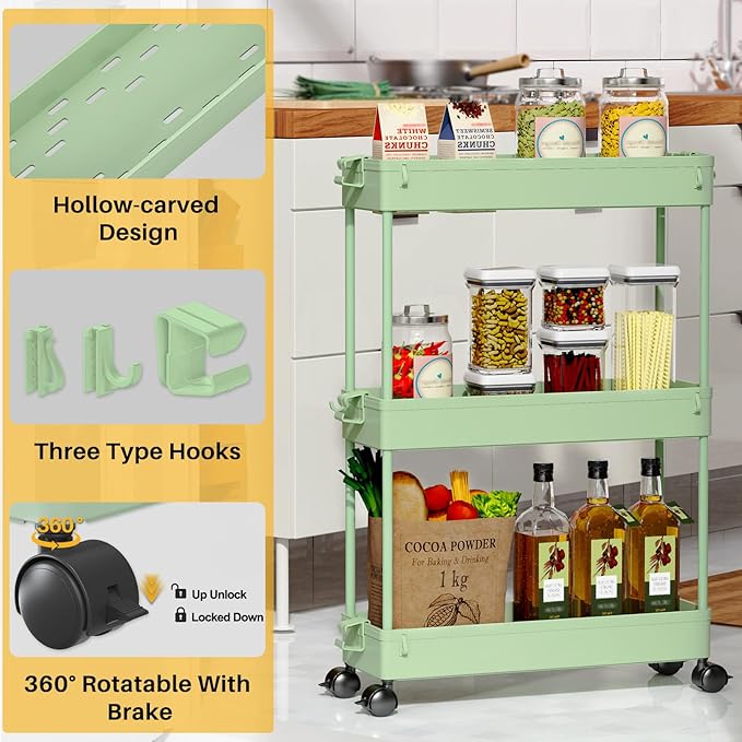 SPACEKEEPER Slim Rolling Storage Cart, 3 Tier Bathroom Organizer Utility Cart Laundry Room Organization Mobile Shelving Unit for Kitchen, Bathroom, Office, Bedroom, Narrow Places, Green
