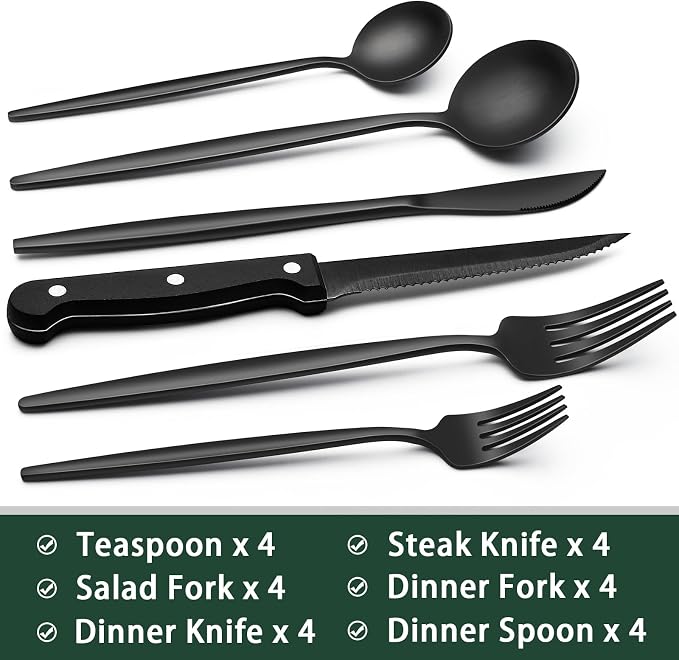 EWFEN 24-Piece Black Silverware Set with Steak Knives, Black Flatware Set for 4, Food-Grade Stainless Steel Tableware Cutlery Set, Mirror Finished Utensil Sets for Home Restaurant, Long Edge