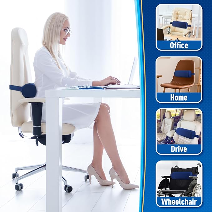 CushZone Lumbar Roll Support Pillow for Office Chair, Car, Gaming Chair, Memory Foam Back Cushion with Washable Cover for Relieving Back Pain & Improving Posture,Blue