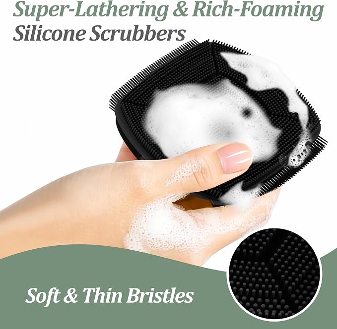 Silicone Back/Body/Face Scrubber & Lymphatic Contour Face Brush Set 4PCS, 13.4'' Soft Back Scrubber, 360° Anti-Slip Bath Glove, Unique Side-bristled Face Scrubber for All-Round Cleaning(Black)