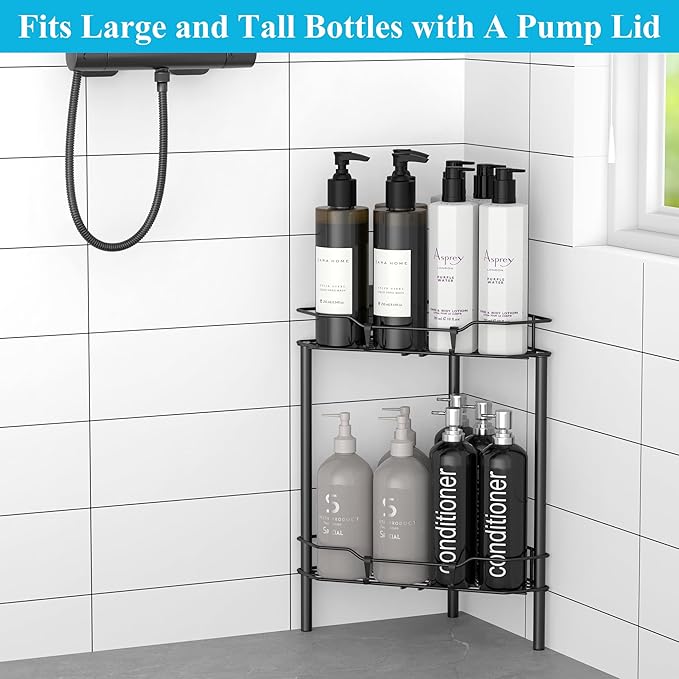 HuggieGems 2 Tier Floor Standing Corner Shower Caddy Organizer Shelf with Hooks, Bathroom Shelves Stand Rack, Black