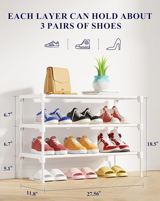 Kitsure Shoe Rack - Non-Woven Shoe Rack Shelf, Shoe Organizer for Closet, Entryway, Garage & Corridor, Stackable Shoe Shelves, 27.5" Wide - 3 Tier, White