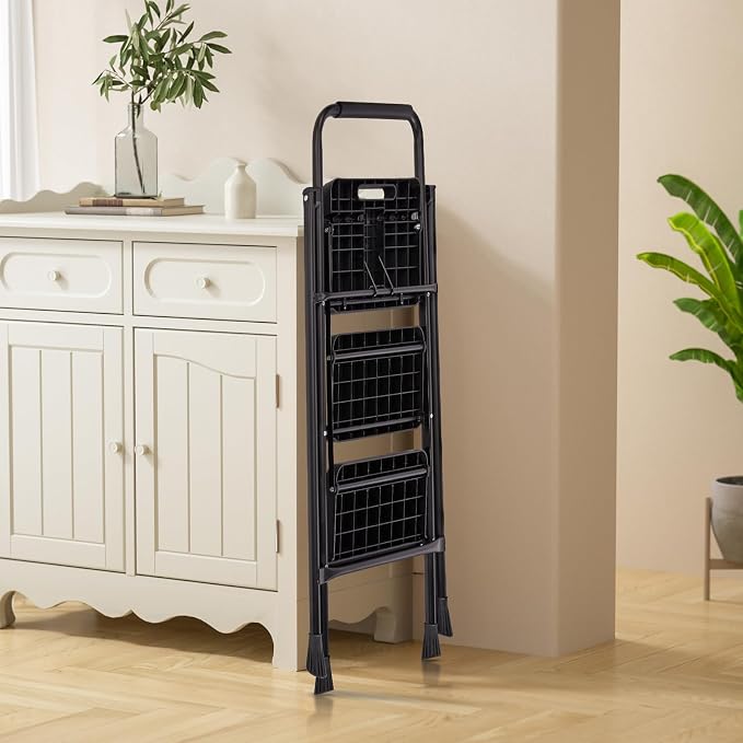 Simple Deluxe 3 Step Ladder, Step Stool Foldable, 800lbs Portable Ladder with Wide Anti-Slip Pedal, Step Stool for Adults, Lightweight Step Ladder for Home Kitchen and Outdoor, Black