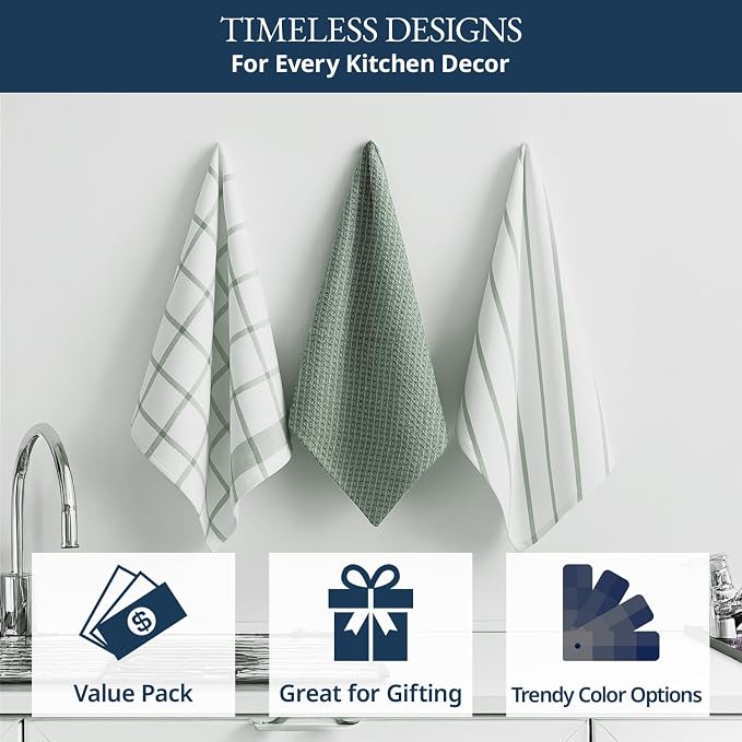 LANE LINEN Cotton Kitchen Towels Set, 6-Pack – Absorbent, Quick-Drying Dish Towels, 18" x 28", Premium Hand and Tea Towels - Olive