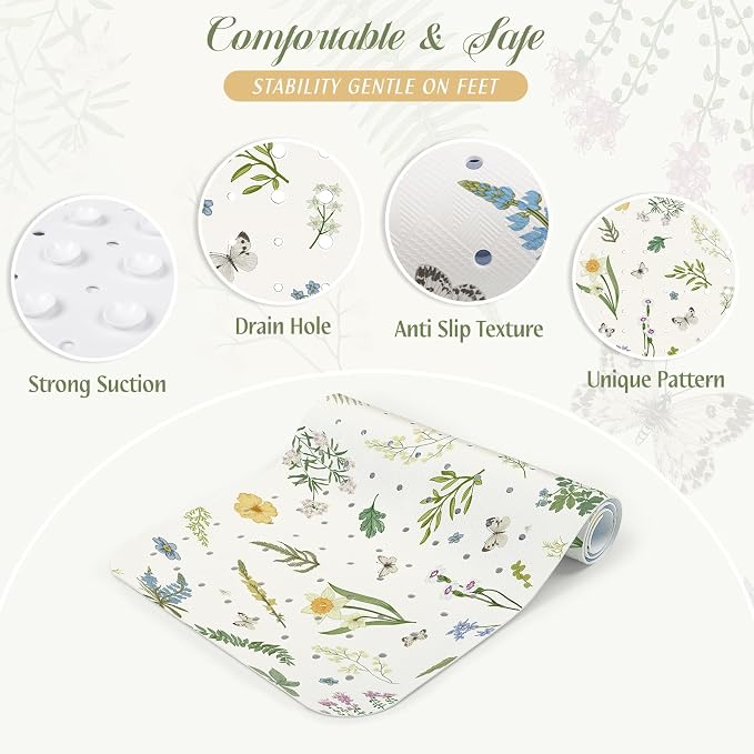 SHUCHING Flower and Leaf Bath Mat for Tub Non Slip-40 X 16Inch, Bathtub Mat Anti Slip for Women, Long Shower Mat for Bathroom Mold Free, Machine Washable