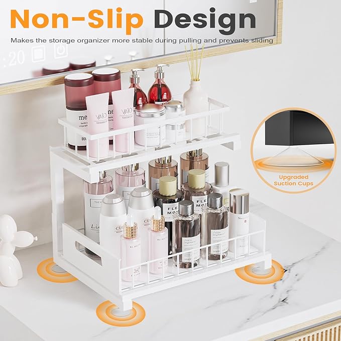 Under Sink Organizer, Heavy Duty Metal Pull Out Cabinet Organizer Slide Out Sink Shelf Organizer Height Adjustable, Multi-Purpose Storage Shelf for Kitchen Bathroom(White,2Pack)