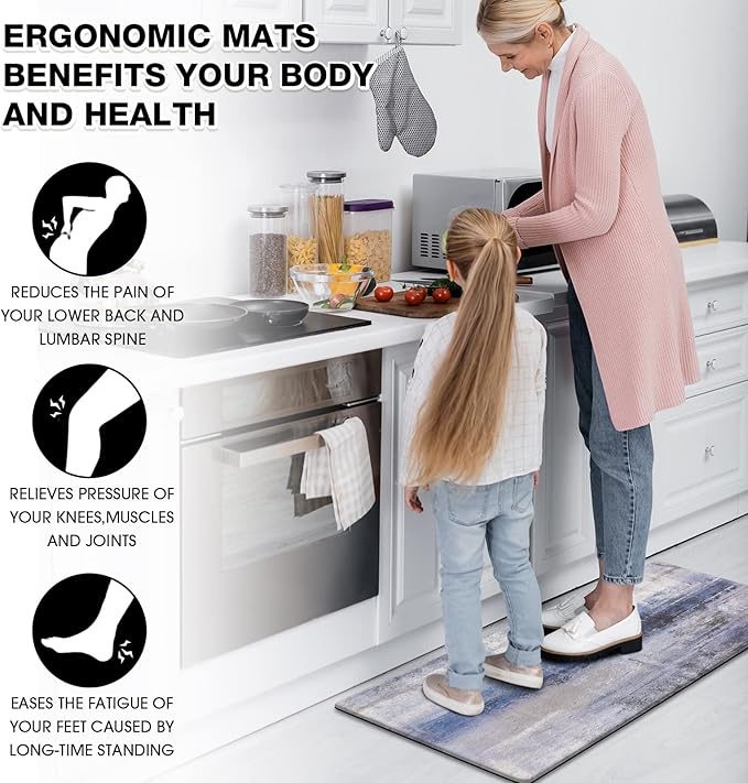 MAYHMYO Blue Kitchen Rugs Anti Fatigue Cushioned Non Skid Waterproof Runner Rug and Mats Memory Foam for Floor Laundry Office Sink