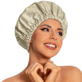 Reusable Shower Cap for Women, Large Waterproof Shower Bonnet with Elastic Band, Washable Bath Hair Cap for Long, Curly Hair, Braids, Daily Shower, Home Spa, Travel(Gray Yellow)