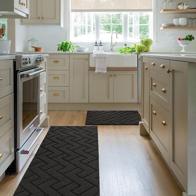 hicorfe Kitchen Runner Rugs and Mats Sets,2 Pieces Absorbent Non-Slip Kitchen Rug,Comfort Kitchen Mat for Floor,Washable for Kitchen,Hallway,Office,Sink,Laundry(20"x48"+20"x32",Charcoal)