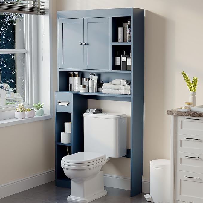 Over The Toilet Storage Cabinet with 7 Shelves, Imitation Walnut Grain Above Toilet Bathroom Organizer with Toilet Paper Holder Stand, Space Saver for Restroom, Laundry, Bathroom (Navy Blue)