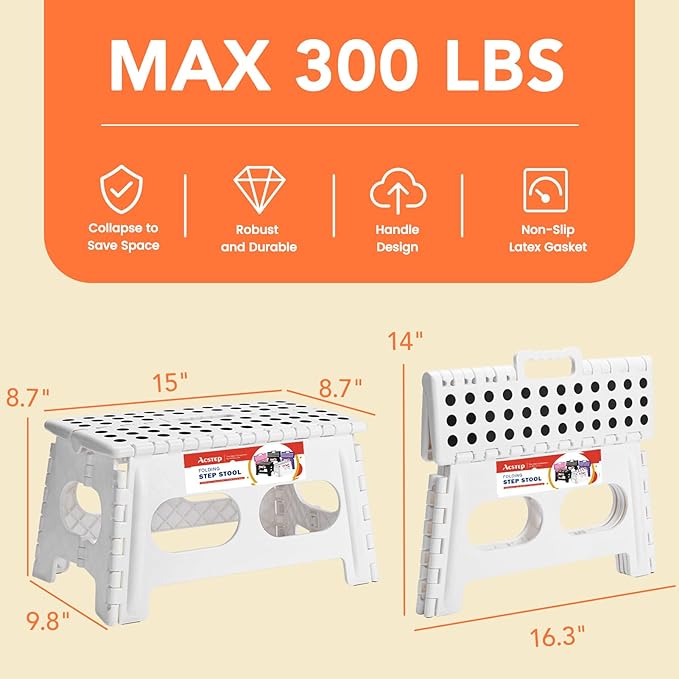 ACSTEP Folding Step Stool 9 Inch,15-Inch Extra Wide Heavy Duty Stepping Stool More Safe and Comfortable Non Slip Foldable Step Stool for Kids and Adults White