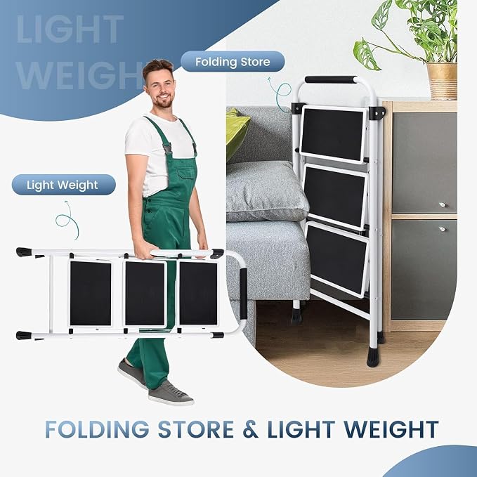 Simple Deluxe 3 Step Ladder, Step Stool Foldable, 800lbs Portable Ladder with Wide Anti-Slip Pedal, Step Stool for Adults, Lightweight Step Ladder for Home Kitchen and Outdoor, Black&White