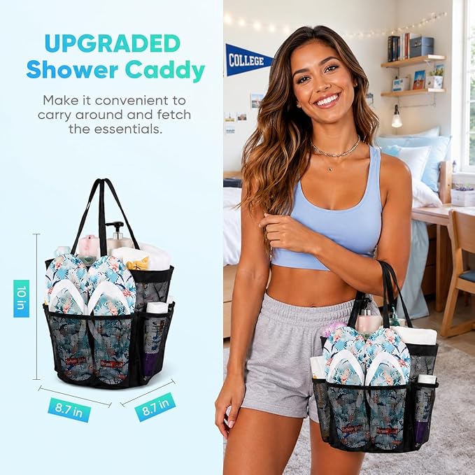 Attmu Mesh Shower Caddy Portable for College Dorm Room Camping Essentials, Shower Caddy Dorm with 9-Pockets, Large Capacity Hanging Basket Bathroom Bag for Toiletry, Swimming, Gym, Camp, Beach