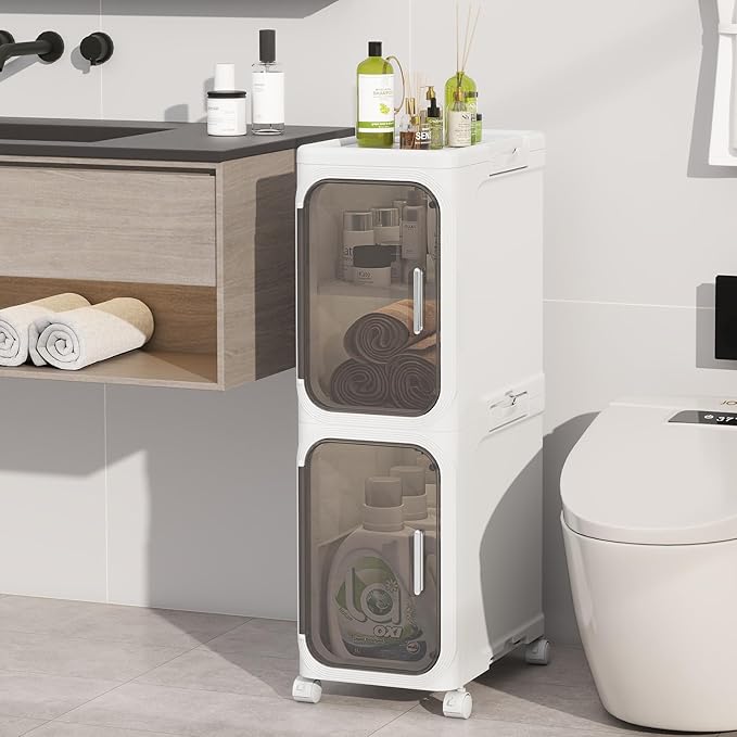 2-Tiers Slim Bathroom Storage Cabinet, Foldable Storage Cabinets,Narrow Bathroom Storage,Movable Bathroom Storage Organizer for Small Spaces,Bathroom,Kitchen,Laundry,White