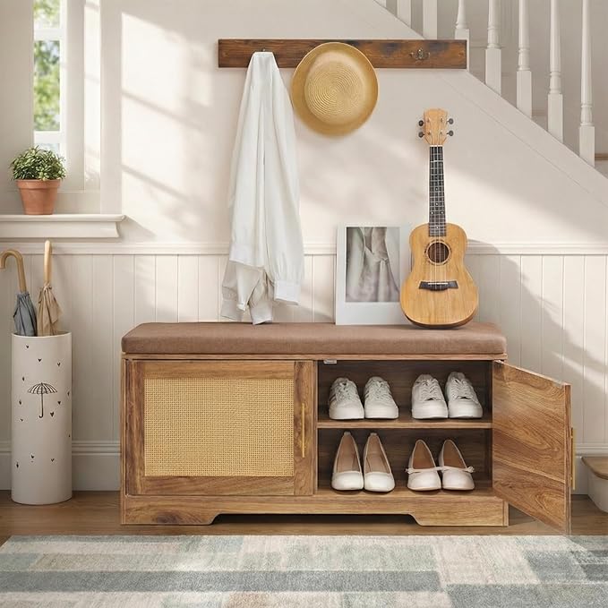 HOOBRO Faux Rattan Shoe Storage Bench with Cushion, Boho Entryway Bench with 2 Doors and Adjustable Shelves, Pet-Proof Hidden Shoe Cabinet for Hallway, Living Room, 39.2" L, Natural, CE53HX01