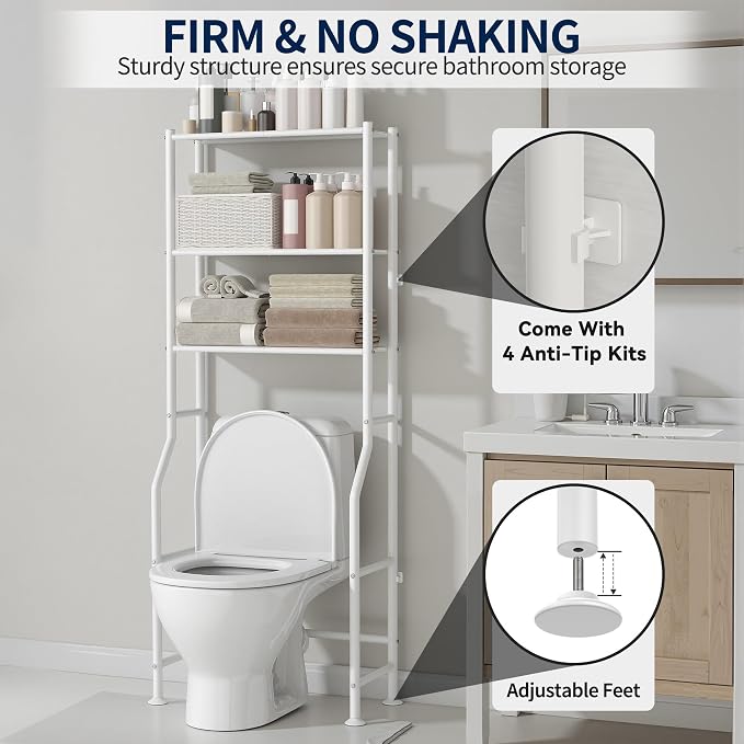 GloTika 3-Tier Over Toilet Storage Rack, Metal Over Toilet Bathroom Organizer Shelf, Freestanding Space Saver Storage Shelves for Bathroom/Laundry/Living Room (White)