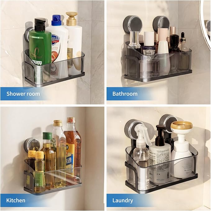 Shower Caddy Suction Cup, Removable Bathroom Organizer Shelf for Shower Storage, No Drilling Clear Square Shower Shelves, Large Capacity & Reusable, 1 pack