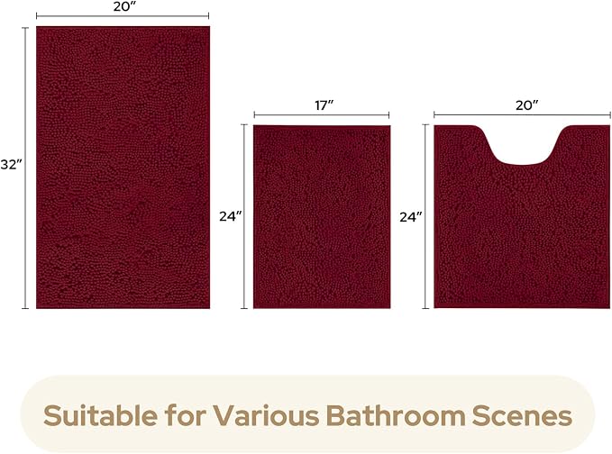 HOMEIDEAS 3 Pieces Bathroom Rugs, Ultra Soft Non Slip Absorbent Chenille Toilet Bath Mat Set (Burgundy)