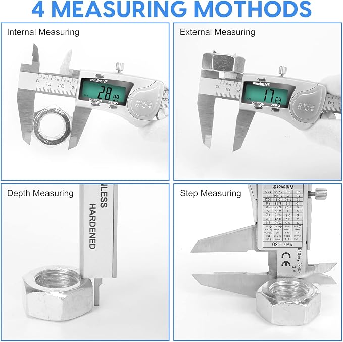 Digital Caliper Measuring Tool, IP54 Waterproof Electronic Micrometer Caliper, Stainlee Steel Vernier Caliper with Large LCD Screen, Inch Metric Fraction Conversion, 6 Inch for Household/DIY