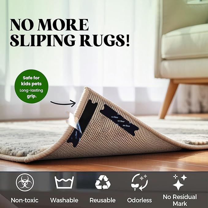 Rug Gripper Pads, 20 Pcs Super Adhesive Rug Grippers – Resuable & Washable Non-Slip Rug Stoppers, Helps Prevent Curling on Hardwood Floors and Carpet Corners