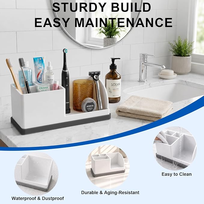 Bathroom Toothbrush Holders, 4 Slots Silicone Counter Organizer Storage with White-Grey, Detachable Anti-Slip Vanity Organizer for Electric Toothbrush, Toothpaste & Phone