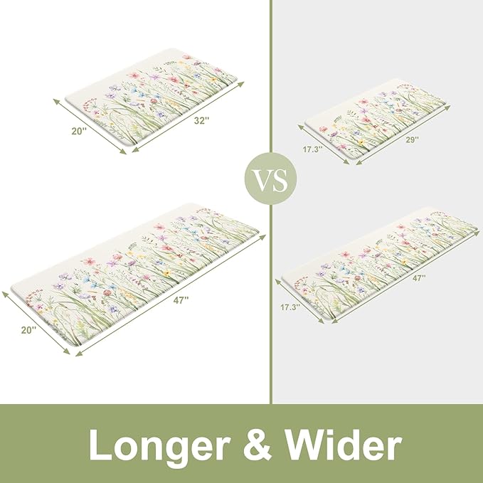 KIMODE Anti Fatigue Kitchen Mats for Floor, Farmhouse Floral Kitchen Rugs 20"x47"+20"x32", Non Slip Waterproof Kitchen Floor Mats, Comfort mats for Kitchen Floor, Sink, Laundry, Desk White