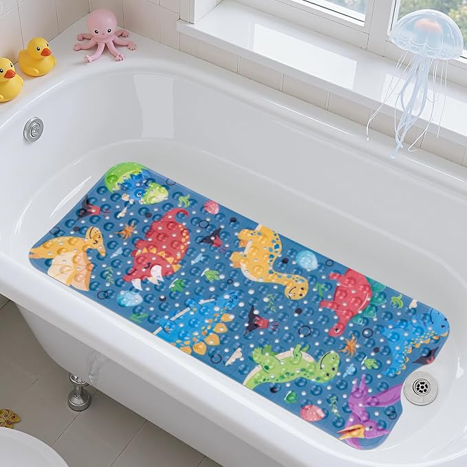 Topotdor Baby Bath Mat, Cartoon Bath Mat for Tub Non Slip Kids, 40x16 Inch Extra Long Toddler Bathtub Mat with Drain Holes & Suction Cups, Machine Washable Anti-Slip Shower Mat, Dinosaur
