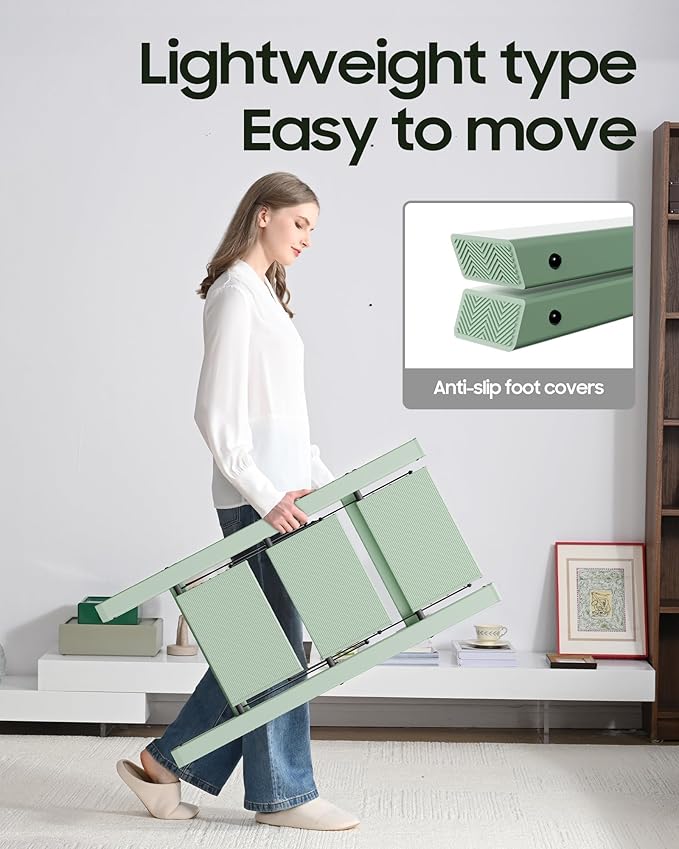HillhutApex 3 Step Ladder, Lightweight Portable 3 Step Stool with Anti-Slip Wide Pedal, 330lbs Capacity Aluminum Ladder for Household,Office,Kitchen(Pale Green)