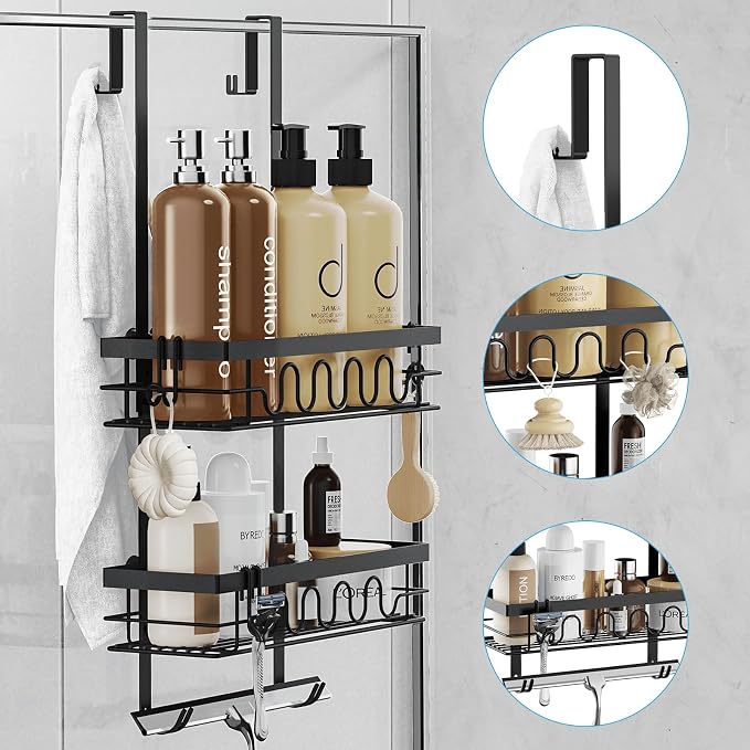 Over the Door Shower Caddy Hanging, Rustproof Hanging Shower Organizer for Glass Door, No Drilling Adjustable Shower Shelves for inside shower with 4+3 Hooks, Suitable for Kitchen/Bathroom/Balcony