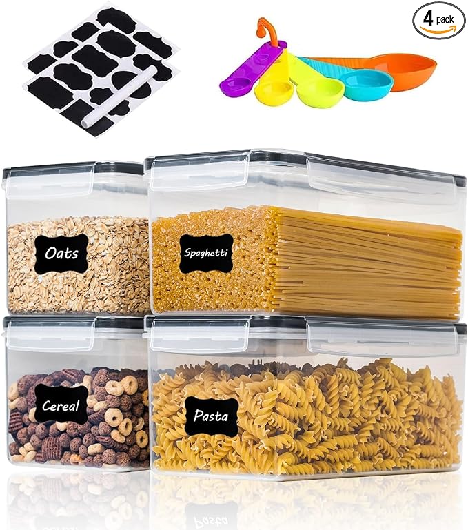 Airtight Food Storage Containers with Lids, 3.2L BPA-Free Plastic Canisters for Spaghetti, Cereal, Oats & Kitchen Pantry Organization, 4 Pack