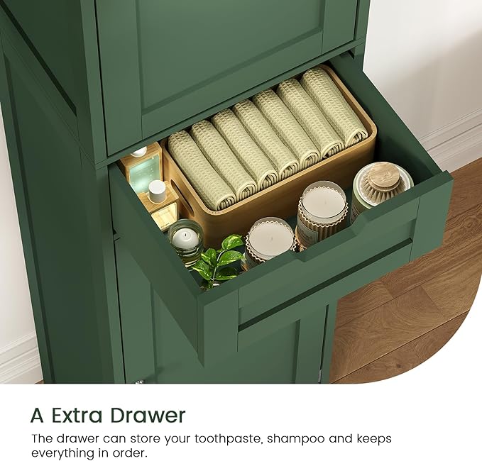 Iwell Tall Bathroom Storage Cabinet with 2 Doors & 1 Drawer, Narrow Storage Cabinet with Adjustable Shelves, for Living Room, Bathroom, Kitchen, Forest Green