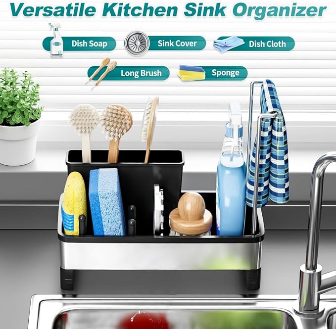 Kitchen Sink Caddy Organzier with High Brush Holder - Sponge Holder for Kitchen Sink with Towel Racks - Rustproof 304 Stainless Steel Kitchen Countertop Storage Essentials