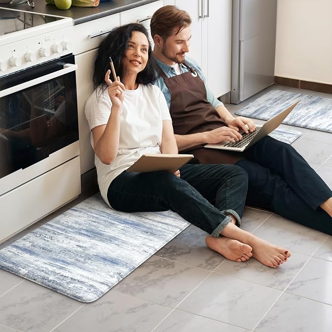 KIMODE Kitchen Mats for Floor, Abstract Kitchen Rugs Sets of 2, Anti Fatigue Mats for Kitchen Floor, Cushioned Comfort Kitchen Floor Mats for Sink Laundry Desk Multi-Blue 17"x59"+17"x29"