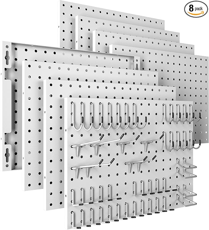 Spampur Peg Board, 8 Pack Metal Pegboard Panels with 50 Hooks, White Pegboards Wall Organizer, Peg Board for Walls Home, Garage Tool Storage, Office Organization, Craft Room