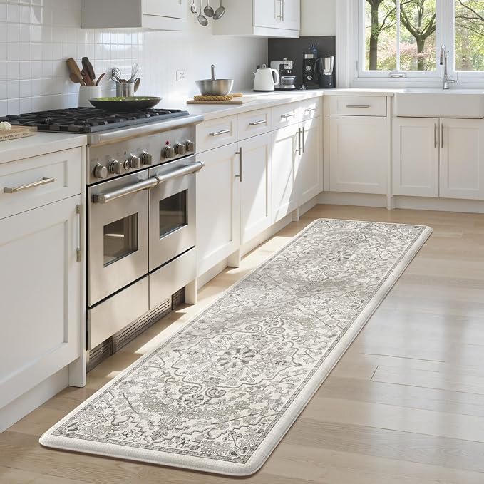KIMODE Anti Fatigue Kitchen Mats, Padded Kitchen Floor Mats 24"x71", Boho Vintage Kitchen Runner Rugs, Light Grey Rugs for Kitchen Floor, Cushioned Standing Mat for Laundry Office Sink Desk