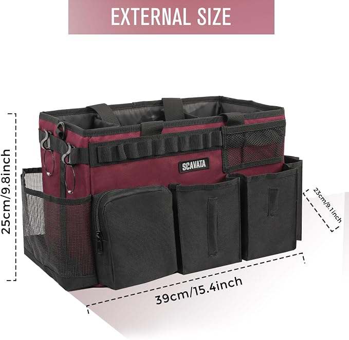SCAVATA Wearable Cleaning Caddy Bag, Cleaning Caddy Supplies Organizer with Handle & Shoulder Straps for Housekeepers, Under Sink & Car Cleaning Tool Organizers with 4 Foldable Divider (Magenta)
