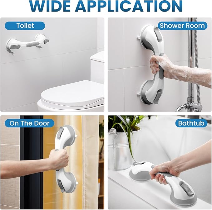 LEVERLOC Shower Grab Bar, 12 Inch Suction Grab Bars for Bathtubs, Shower Handle Handrail for Seniors Bathroom Safety Grip for Elderly, Heavy Duty No Drilling Removable,Grey