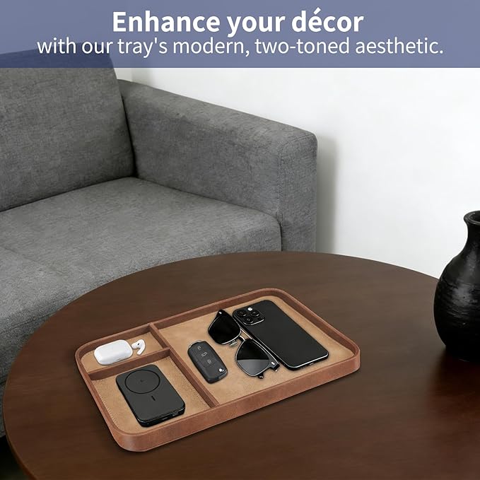SITHON Valet Tray Trendy Organizer, Premium PU Leather Stylish and Organized Multifunctional Catchall Bedside Vanity Tray Nightstand Caddy Holder for Keys, Watch, Wallet, Jewelry and more (Brown)