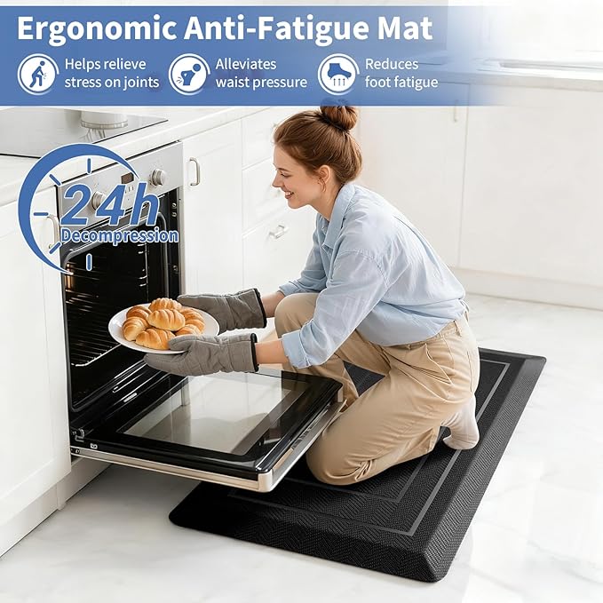 UKISS 9/10"" Extra Thick Cushioned Anti Fatigue Kitchen Mat, Waterproof High Density Foam Standing Desk Mat, Non-Slip Ergonomic Comfort Mat for Kitchen, Office,Workstation (Black, 20" X 32")